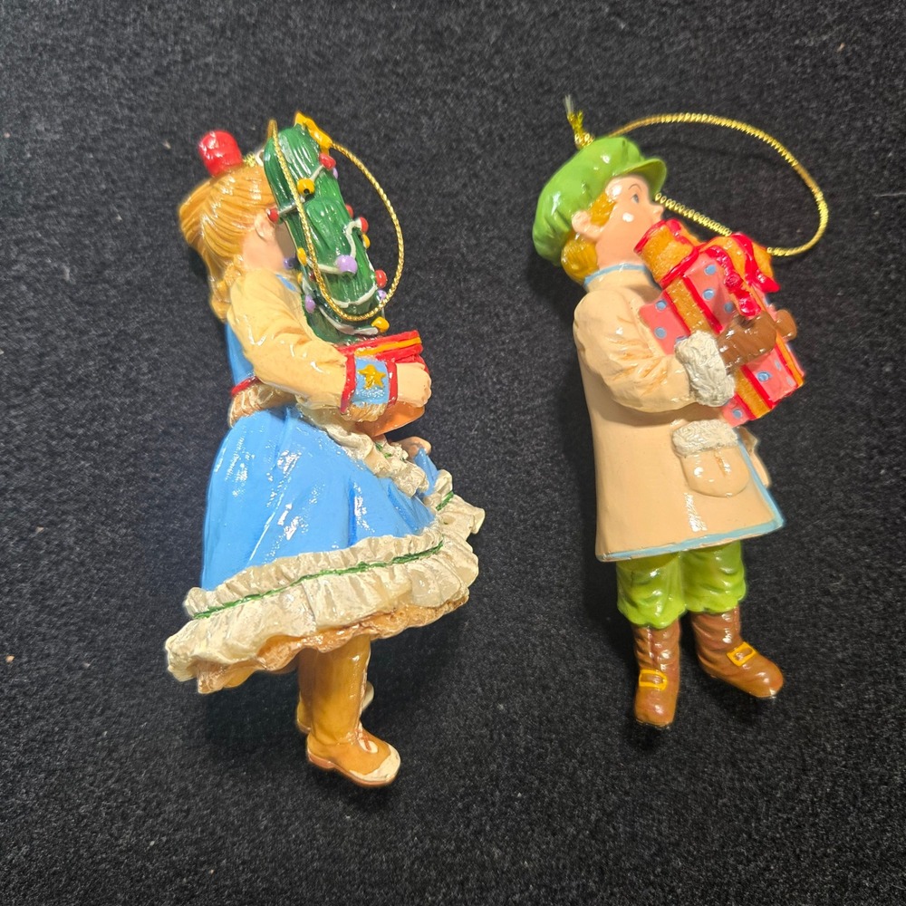 Vintage Victorian Boy and Girl Christmas Ornaments Resin Figurine Set of 2 Decor - Picture 3 of 6